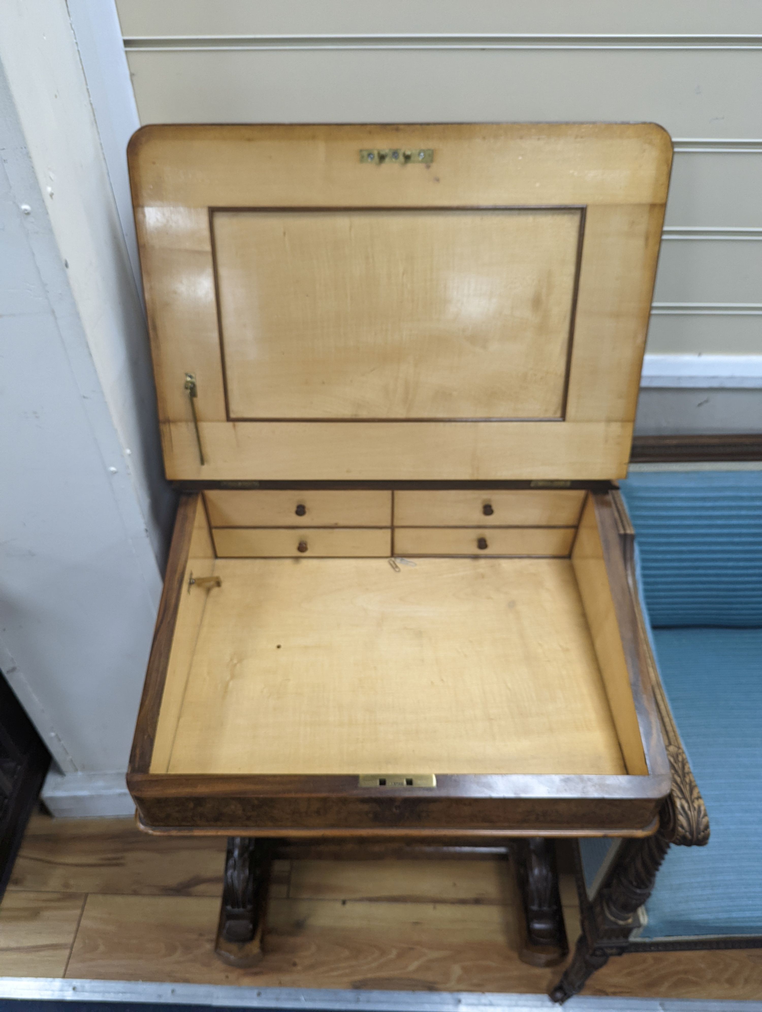 A Victorian burr walnut davenport, width 58cm, depth 58cm, height 85cm